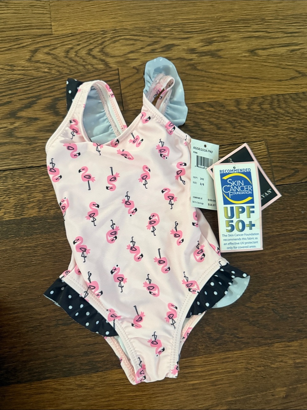 Andy & Evan Pink Flamingo One-Piece Swimsuit with Navy Polka-Dot Trim